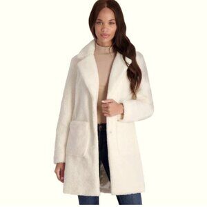 French Connection Off White Teddy Faux Shearling Notch Collar Coat, Size XS